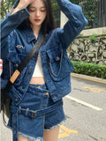 Black Friday Amfeov Streetwear Blue Cowboy Tops Coat Asymmetrical Design Lace Up Denim Mini Skirt Autumn Three Piece Sets Womens Outfits