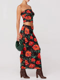 Amfeov Women Summer Floral Print Skirt Outfits Retro Strapless Tube Tops Bandeau with High Waist Long Skirt Set for Beach Party Holiday