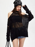 Black Friday Amfeov Y2k Spider Web Knitwear Hollow Out Sweaters Goth Mesh Hole Halter Collar Top Grunge E-Girl Pullover Streetwear Clothes