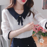 Amfeov-Women's Spring Autumn Style Lace Blouses Shirt Women Peter Pan Collar Solid Color Half Sleeve Elegant Lace Tops
