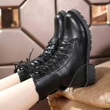 Amfeov New Buckle Winter Motorcycle Boots Women British Style Ankle Boots Gothic Punk Low Heel ankle Boot Women Shoe Plus Size iok8