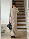 Back To School Amfeov Women Elegant Solid Pleated Knitted Maxi Dress Casual Round Neck Long Sleeve Lace Up Dresses 2024 Autumn Lady High Street Robes