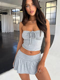 Back To School Amfeov Women's Y2K Sporty Skirt Set Drawstring Tie-up Ruched Sleeveless Bandeau Tube Tops + Pleated Mini Skirt Summer Outfit