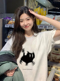 Back To School Amfeov White Print Women T-shirts Summer Streetwear Harajuku Short Sleeve Loose Tops Y2k Aesthetic Cat Graphical Casual Tees