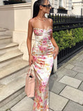 Amfeov Summer Spaghetti Strap Floral Print Party Dresses Elegant Maxi Bodycon Wedding Guest Holiday Dress New In Dress 2024