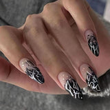 Amfeov Nail Inspo 2024 Summer 24pcs Fake Nails Stiletto Almond Ballet Tip Black White Graffiti Vintage Gradient Press on Nails Full Cover Detachable Nail Tip