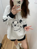 Black Friday Amfeov Anime Cat Print Hoodies Women Kawaii Kitty Long Sleeve Sweatshirt Oversized Streetwear Stripe Grey Autumn Winter Clothes