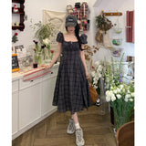 Amfeov-Large Size L-4XL Bow Square Collar Short Sleeve Women Dress Summer Sweet Plaid Print Vintage Dresses Big Lower Hem Long Dress