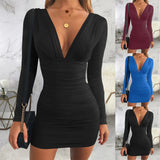 Amfeov Women’s Sexy Deep V Bodycon Dress Summer Long Sleeve Solid Slim Waist Mini Dress Hip Wrapped Ruched Nightclub Female Dresses