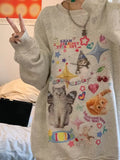 Black Friday Amfeov Kawaii Cat Print Hoodie Women Cutecore Long Sleeve Sweatshirt American Retro E-girl Kitten Angel Graphic Alt Clothes Y2k