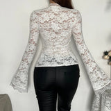 Black Friday Amfeov Sexy Lace Hollow Bandage T shirt Top Female Slim Long Sleeve Pullovers Solid Autumn Winter New Hot Girl See Through Top