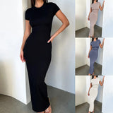 Amfeov Women's Fashion Sexy Slim Fit Long Dress Summer Ladies O-Neck Sjhort Sleeve Maxi Dress Female Casual Solid Hip Wrapped Dresses