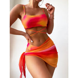 Amfeov 2024 New Women's Tie Dyed Split Bikini Sexy Hip Lifting Mesh Gradient Beach Three Piece Set Cross Swimwear Girl
