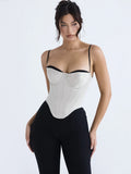 Amfeov Thick Satin Bustier Corset Crop Top with Chest Pads Spaghetti Strap White Bodycon Top Summer Women Tops with Fishbone