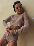 Amfeov Sexy Beach Crop Top Shorts Sets Women Knit Long Sleeve Lace Up Female Suit Summer Holiday See Through 2 Piece Set Womens