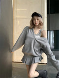 Black Friday Amfeov White V-neck Oversized Hoodie Grey Long Sleeve Sweatshirt Loose Casual Korean Fashion Autumn Winter Clothes Women Chic