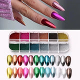 Amfeov 12Colors Nail Glitter Aurora Mirror Powder Chrome Dust Pigment Paint Dip Metallic Shiny With Magic Effect Dust Manicure Design