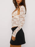 Amfeov Women 2 Piece Floral Lace Tops Low Cut Sheer Long Sleeve Pullovers Fitted Crop Shirt with Bra Summer Outfits Club Streetwear Y2K