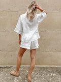 Black Friday Amfeov Fashion White Cotton Linen Hollow Out Lace Up Top And Short Pants Suit Women's Loose Top Casual Splice Sets Lady Summer