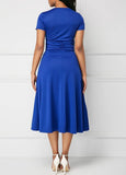 Amfeov-Elegant Women Solid Color Short Sleeve V Neck Asymmetric Hem Waist Tight Midi Party Dress Ladies Evening