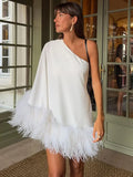 Back To School Amfeov Elegant One Shoulder Feather Spliced Mini Dress Sexy Backless Long Sleeves Loose Vestidos Elegant Lady Party Club Robes