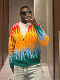 Back To School Amfeov 2024 Fall Fashion  Men's Rainbow Tie Dye Knitted Cardigan Autumn V Neck Long Sleeve Sweater Coat Male Fashion Single Breasted Warm Knit Jacket