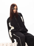 Black Friday Amfeov American Retro Sports Zip Up Hoodie Women Contrast Patchwork Stand Collar Sweatshirts Oversize Casual K Pop Clothes Chic