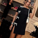 Amfeov hoco dresses Side Slit Bow Summer Dress Women 2024 New Slim Short Sleeve Dresses Femme Retro High Street Skinny Mini Evening Dress W