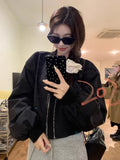 Black Friday Amfeov Casual Bomber Jacket Women Oversized Streetwear Zip Up Cropped Coat Korean Style Autumn Fashion Long Sleeve Clothes Chic