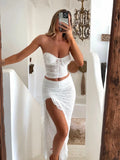 Back To School Amfeov Women 2Pcs Summer Outfits Floral Lace See-through Strapless Tube Tops + Splits Skirt for Streetwear Aesthetic Clothes