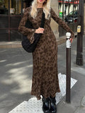 Amfeov-Print Retro Dress For Women Fashion Bodycon High Waist Maxi Dresses Women's Autumn Street Slim Long Dress Femme 2023 New