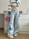 Back To School Amfeov Blue Jeans Plus Size Women Y2k Fashion Loose Butterfly Patchwork Causal High Waist Denim Pants Streetwear Retro Bottoms