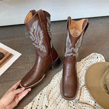 Amfeov Women Retro Mid Calf Western Cowboy Motorcycle Boots Female Autumn Embroidered Square Toe Chunky Heel Fashion Design Brown Boots