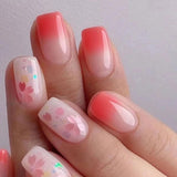 Amfeov Nail Inspo 2024 Summer  24pcs Short False Nails 2024 Summer New Square Head Fresh Solid Color Glitter Flower Love French Press On Nails Manicure Tools