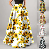 Women’s Bohemian Floral Printed Maxi Skirt Comfortable High Waist Pockets Party Beach Long Skirt Ladies Large Hem Dress Holiday