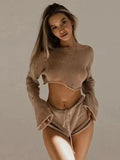 Amfeov Sexy Beach Crop Top Shorts Sets Women Knit Long Sleeve Lace Up Female Suit Summer Holiday See Through 2 Piece Set Womens