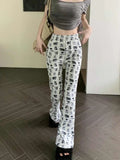 Back To School Amfeov Y2k Kawaii Cat Print Flared Pants Women Cute Dog Graphic Sweatpants Japanese Harajuku High Waist Bell Bottoms Trousers