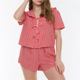 Amfeov Women 2 Piece Plaid Short Sets Casual Summer Tie Up Short Sleeve Peter Pan Collar Cardigan Tops + Elastic Waist Shorts Lounge