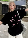 Back To School Amfeov Bow Graphic Oversized T Shirts for Women Streetwear Harajuku Short Sleeved O Neck Tops Summer Loose Aesthetic Clothes