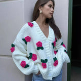 Black Friday Amfeov 3D Rose Flower Knitted Cardigan Female 2024 Autumn Winter Hand-Knitted Sweater Jacket V Neck Fashion Splice Casual Top