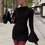 Black Friday Amfeov Fashion Pull Sleeve Black Mini Dress Female High Waist Elegant Long Sleeve Dresses Club Party Bodycon Women's Clothing