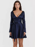 Amfeov hoco dresses Autumn and Winter Long Sleeve Dress Navy Blue Long Belt A Line Mini Dress V Neck Casual Women's Clothing