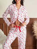 Amfeov Women Pajama Set Valentine's Day Sweet Heart Print Long Sleeve Button Closure Tops with Pants Sleepwear Loungewear Casual Daily