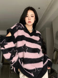 Black Friday Amfeov Harajuku Striped Sweater Oversize Y2k Style Pink Detachable Sleeves Star Print Jumpers Gothic Winter Korean Alt Clothes