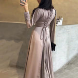 Women'sElegant Patchwork Long Dress Spring Half High Neck Long Sleeve A-Line Maxi Dress Female Slim Waist Party Club Dresses