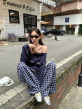 Black Friday Amfeov Navy Blue Skew Collar Sweatshirt Women Letter Print Oversized Streetwear Hoodie Wide Leg Plaid Pants Two Peice Sets Chic