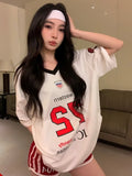 Back To School Amfeov Sports Letter Graphic T Shirts for Women Short Shoulder Contrast V-neck Loose Tops Streetwear Football Clothes Summer