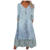 Amfeov Women's Casual Embroidery Patchwork Long Dress Summer V-Neck Half Sleeve Solid Maxi Dress Pockets Lace Hollow Dresses Vocation