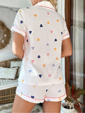 Amfeov Women's Summer Loungewear Set Cute Heart Print Short Sleeve Notched Lapel Buttons Tops with Elastic Waist Shorts 2 Pcs Sleepwear