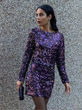 Amfeov-Sexy Backless Pruple Sequined Dress Women Beauty Round Neck Long Sleeve Mini Dress For Female Newest Christmas Short Dress